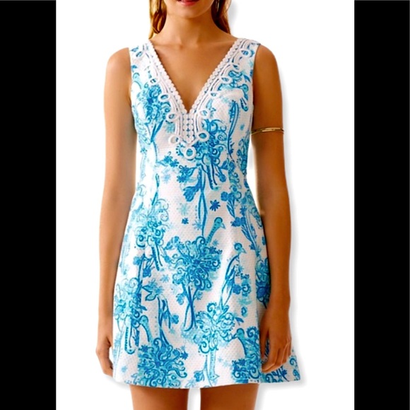 LILLY PULITZER BRYNN DRESS SHIFT SLEEVELESS BLUE WHITE BIRDS LACE SIZE 2 - Picture 1 of 10